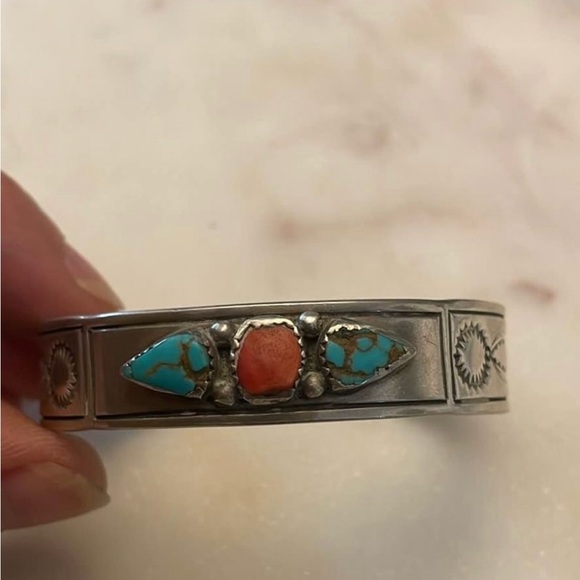 M Thompson sterling turquoise & coral cuff bracelet